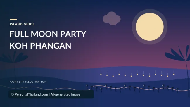 Full Moon Party Near Koh Samui: What to Know About Koh Phangan (illustration) AI-created illustration of a full moon over a dark beach lined with small lights and palm trees, with the heading 'Full Moon Party Koh Phangan'