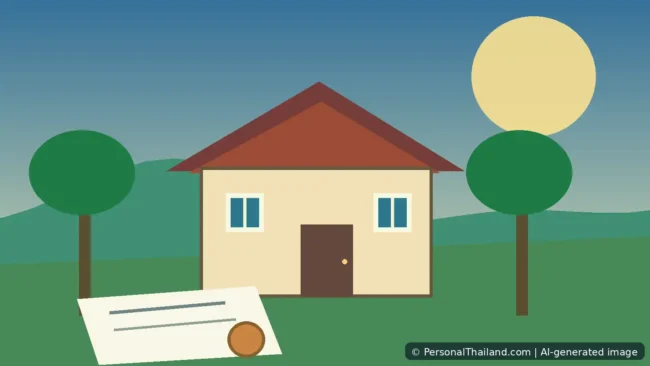 Illustrated Thai home on green land with a legal document and house key representing property ownership.
