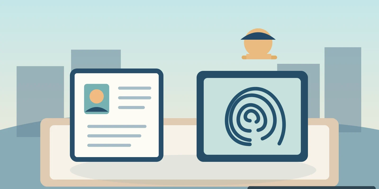Editorial illustration of immigration documents, a fingerprint symbol and a Thai city office, AI-generated