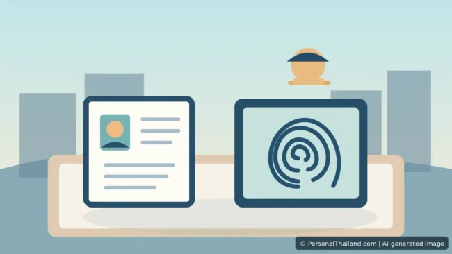 Thai Police, Fingerprints and Address Reporting: What Foreigners Should Know (illustration) Editorial illustration of immigration documents, a fingerprint symbol and a Thai city office, AI-generated