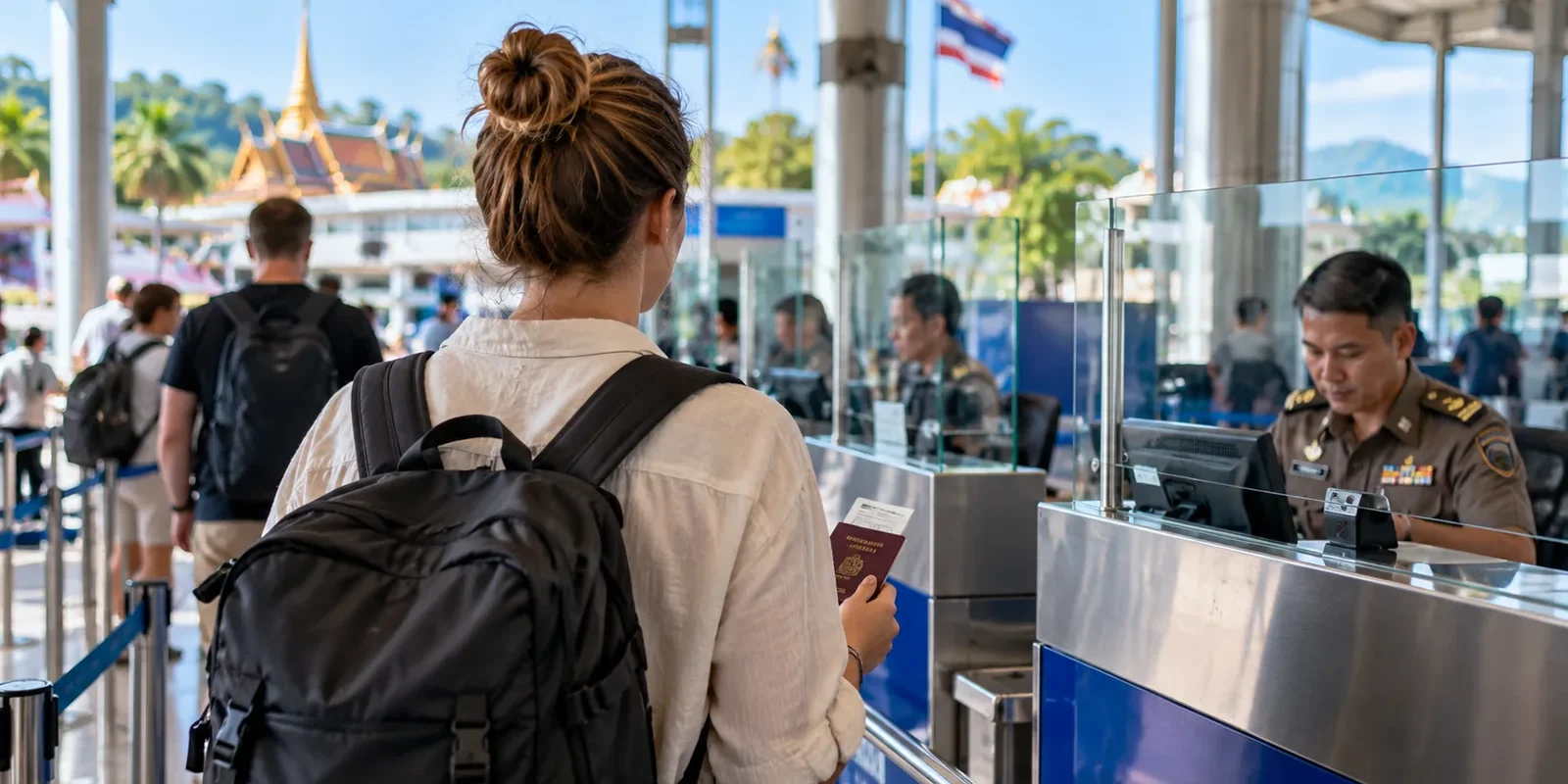 Thailand Visa Runs in 2026: What Changed and What Travelers Need to Know (illustration) Illustration: traveler holding a passport at an immigration checkpoint in Thailand, representing visa-entry rules