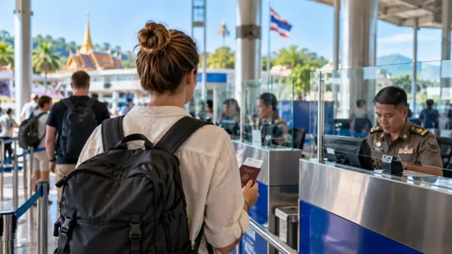 Thailand Visa Runs in 2026: What Changed and What Travelers Need to Know (illustration) Illustration: traveler holding a passport at an immigration checkpoint in Thailand, representing visa-entry rules
