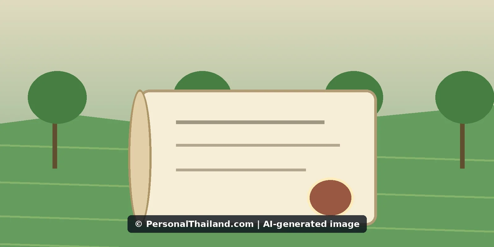 Leasing Land in Thailand: Questions to Ask Before You Sign (illustration) AI-created illustration of a rolled document with a seal in front of green fields and trees