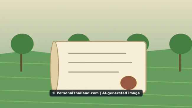 Leasing Land in Thailand: Questions to Ask Before You Sign (illustration) AI-created illustration of a rolled document with a seal in front of green fields and trees