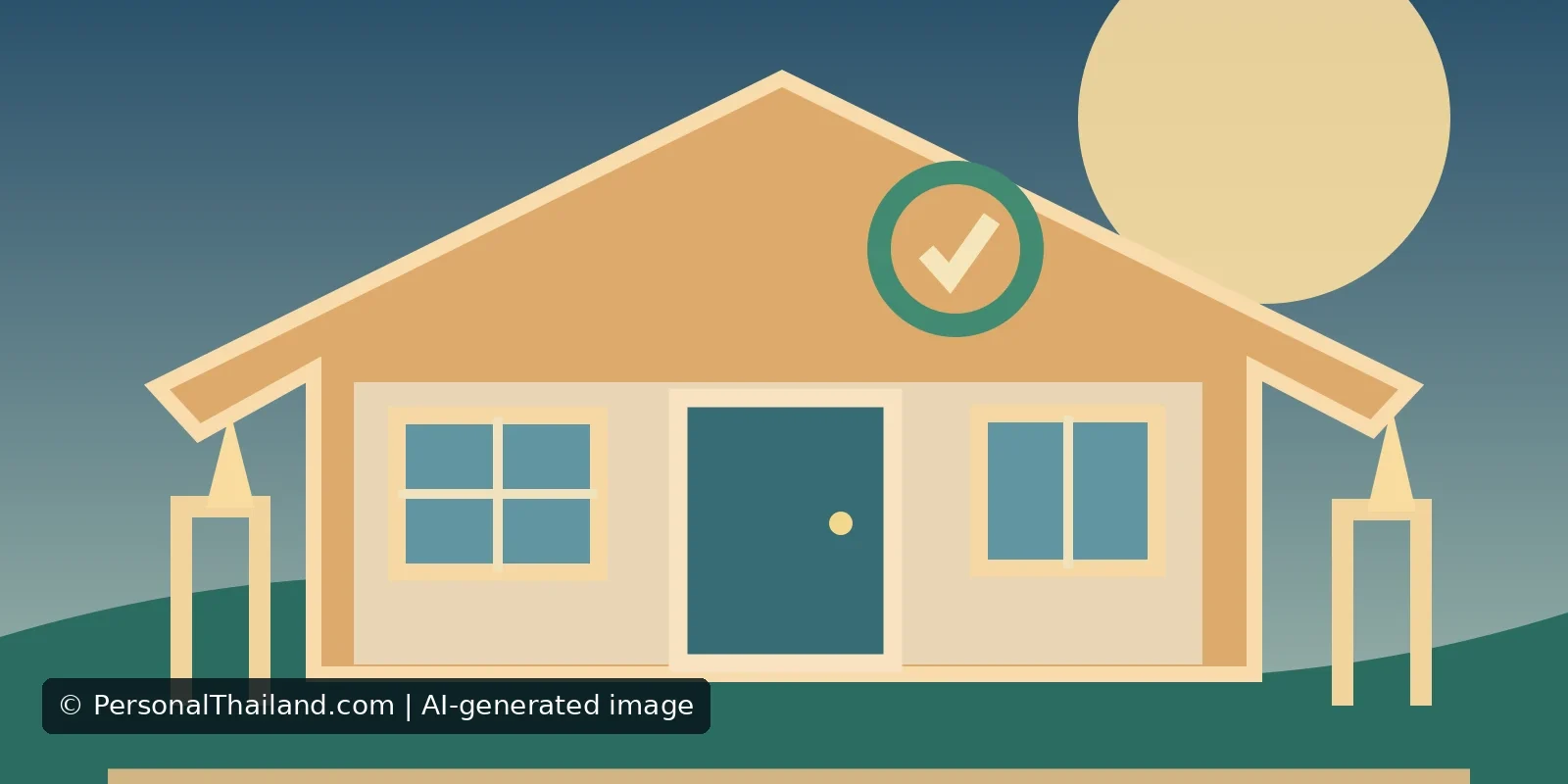 How to Keep Your House Safe in Thailand (illustration) AI-created illustration of a single-storey house with gateposts and a green check-mark badge on the roof, symbolising home security rather than a real property