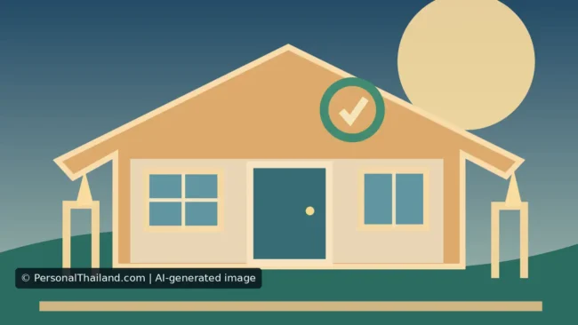 How to Keep Your House Safe in Thailand (illustration) AI-created illustration of a single-storey house with gateposts and a green check-mark badge on the roof, symbolising home security rather than a real property