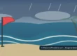 Original AI-created illustration of a moody tropical beach and red swimming warning flag inspired by Phuket’s monsoon season, not a particular real beach