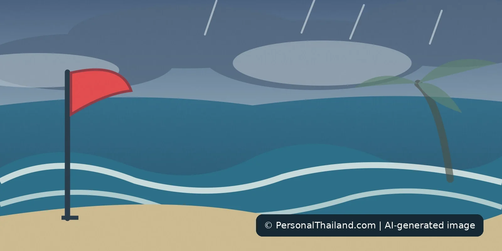 Original AI-created illustration of a moody tropical beach and red swimming warning flag inspired by Phuket’s monsoon season, not a particular real beach