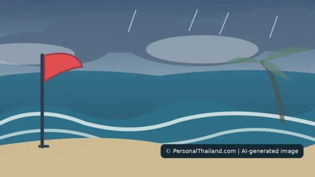 Phuket in October: Rain, Sea Conditions and Trip Planning (illustration) Original AI-created illustration of a moody tropical beach and red swimming warning flag inspired by Phuket’s monsoon season, not a particular real beach