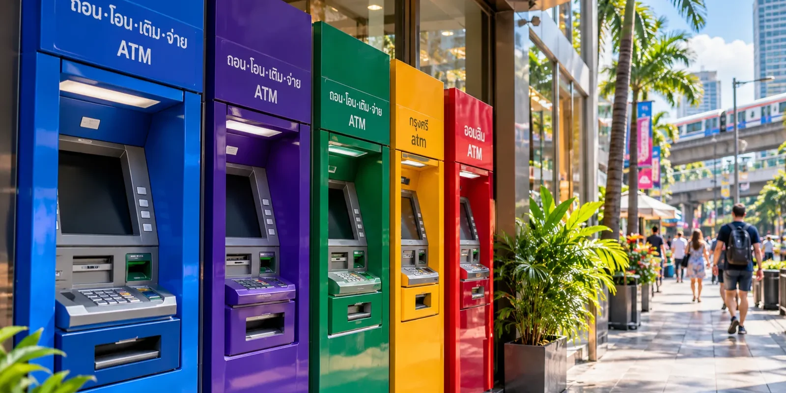 Illustrative row of colorful bank ATMs in Thailand beside a city sidewalk