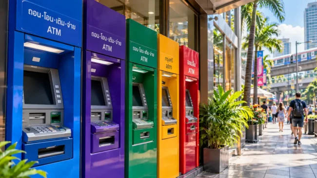 Illustrative row of colorful bank ATMs in Thailand beside a city sidewalk