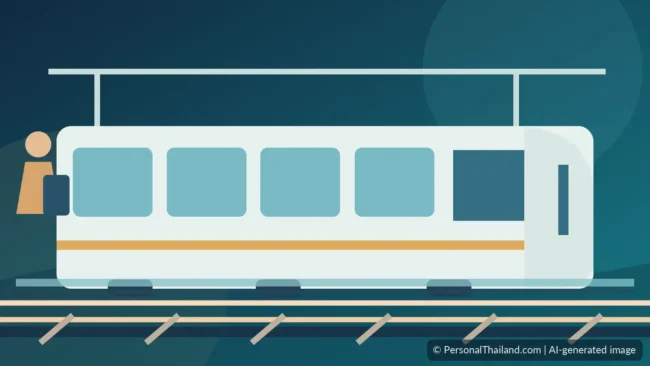 Illustration of a passenger train at a platform in Thailand with travelers and luggage, AI-generated image