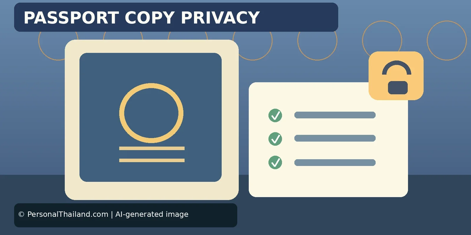 AI-created illustration of a passport beside a checklist and a padlock, under the heading 'Passport Copy Privacy'