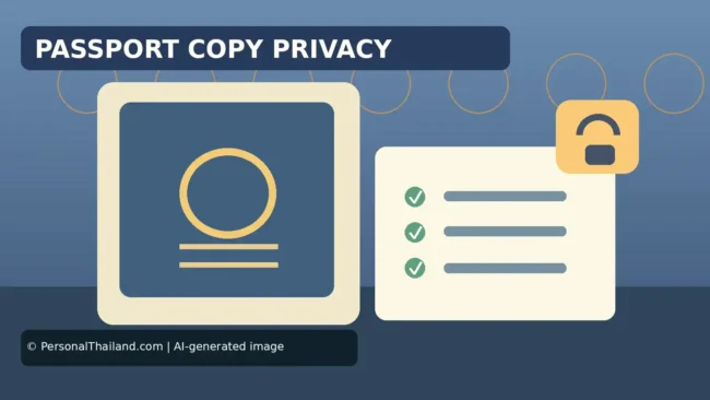 Passport Copies in Thailand: How to Share Your ID More Safely (illustration) AI-created illustration of a passport beside a checklist and a padlock, under the heading 'Passport Copy Privacy'