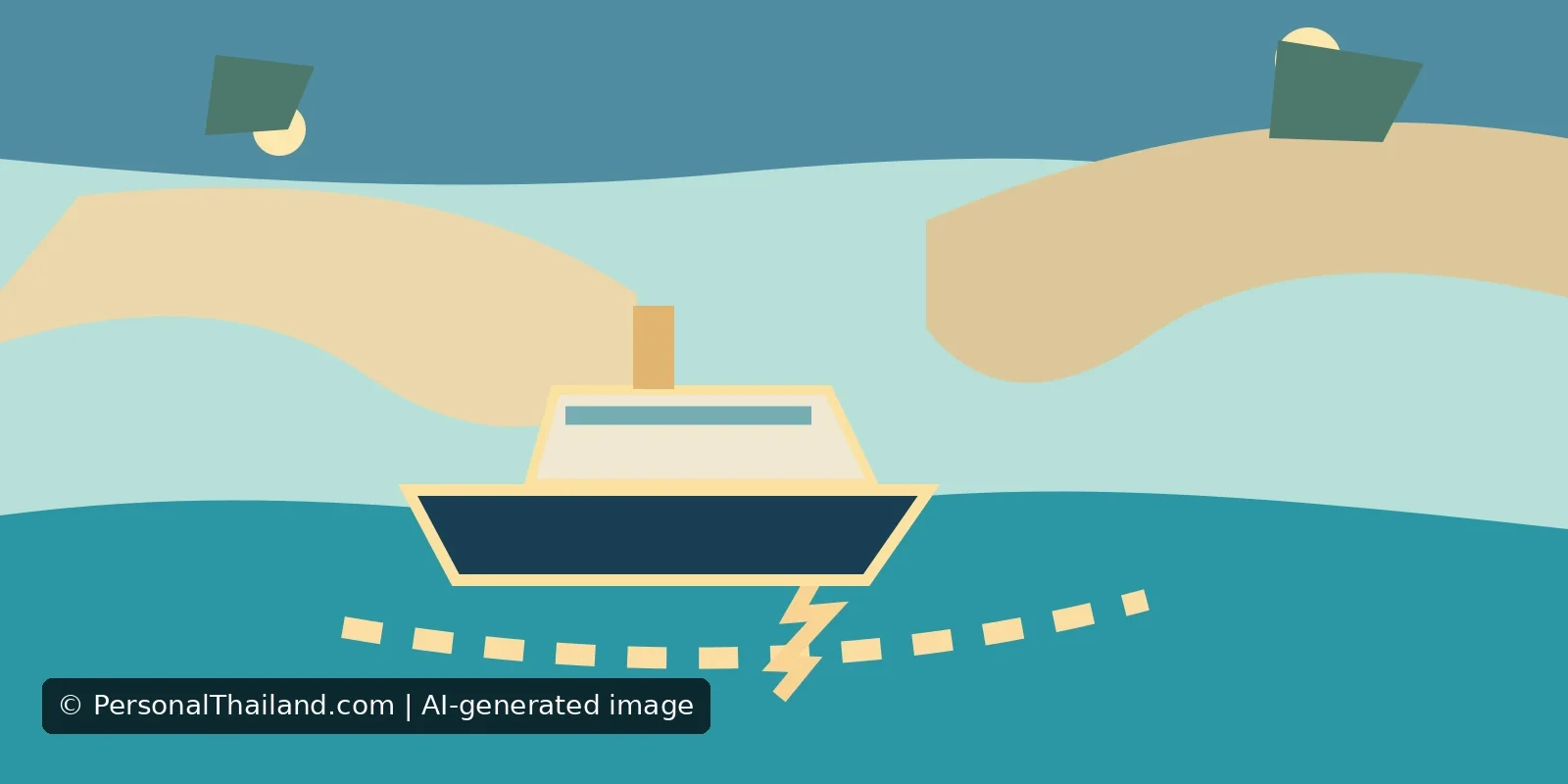 AI-created illustration of a small passenger boat between two shorelines with a dotted route line broken by a lightning symbol, suggesting an interrupted sea route rather than a real ferry or navigation chart