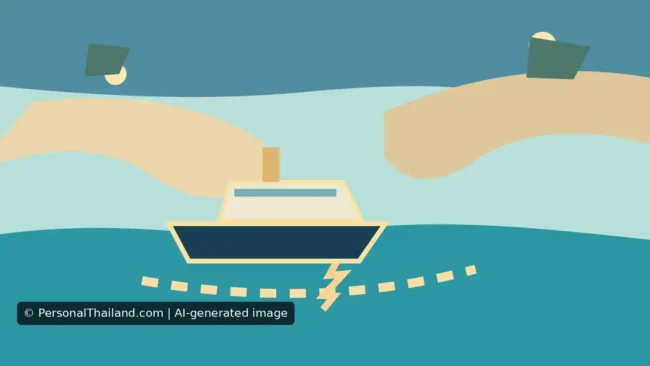 Pattaya to Hua Hin: Is There a Ferry or Boat? (illustration) AI-created illustration of a small passenger boat between two shorelines with a dotted route line broken by a lightning symbol, suggesting an interrupted sea route rather than a real ferry or navigation chart