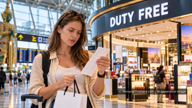 Illustration of a traveller checking a duty-free shopping receipt at an airport in Thailand.