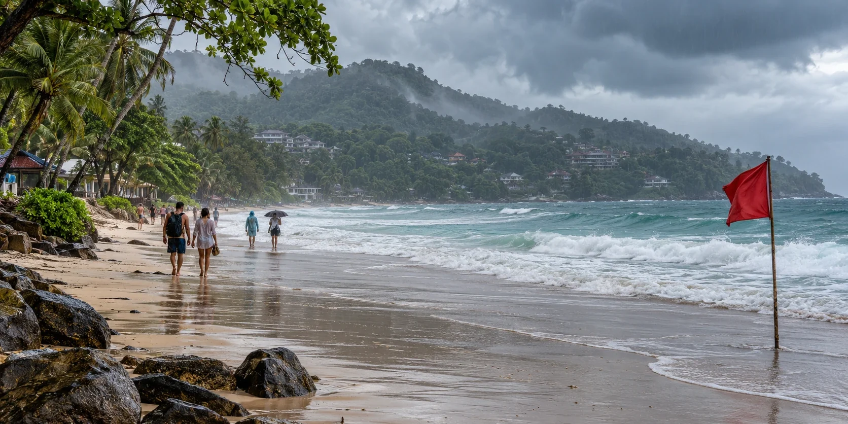 Phuket in July: Rain, Waves and What Travellers Should Expect (illustration) A Phuket beach in rainy season with rough water and a red warning flag, AI-generated illustration