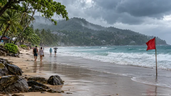 Phuket in July: Rain, Waves and What Travellers Should Expect (illustration) A Phuket beach in rainy season with rough water and a red warning flag, AI-generated illustration