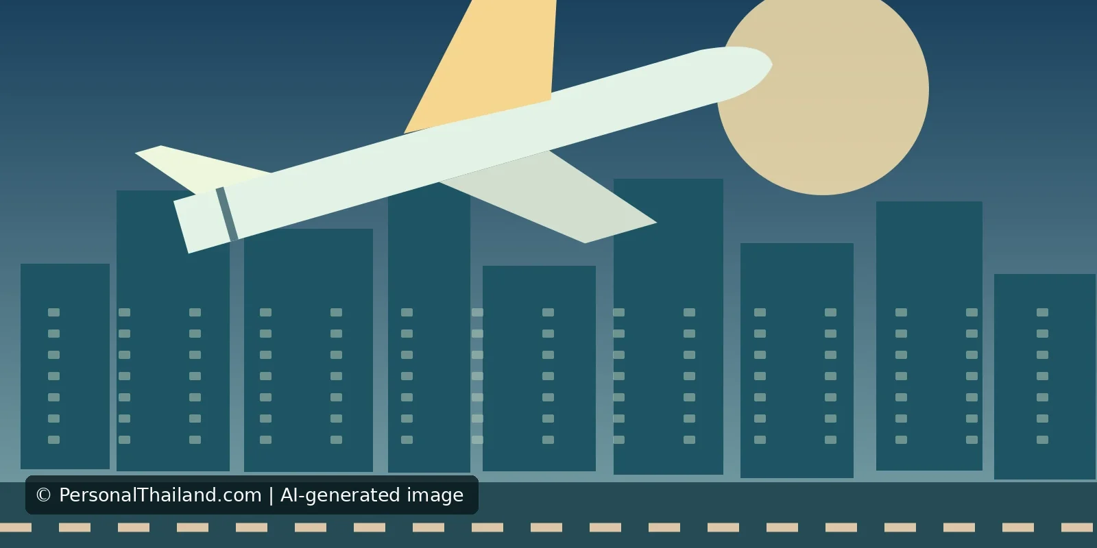 AI-created illustration of a passenger aircraft climbing over a stylised city skyline at dusk, not an exact view of Bangkok or Suvarnabhumi Airport