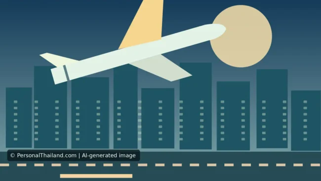 Bangkok Airport Layover: Can You Leave Suvarnabhumi to Sightsee? (illustration) AI-created illustration of a passenger aircraft climbing over a stylised city skyline at dusk, not an exact view of Bangkok or Suvarnabhumi Airport