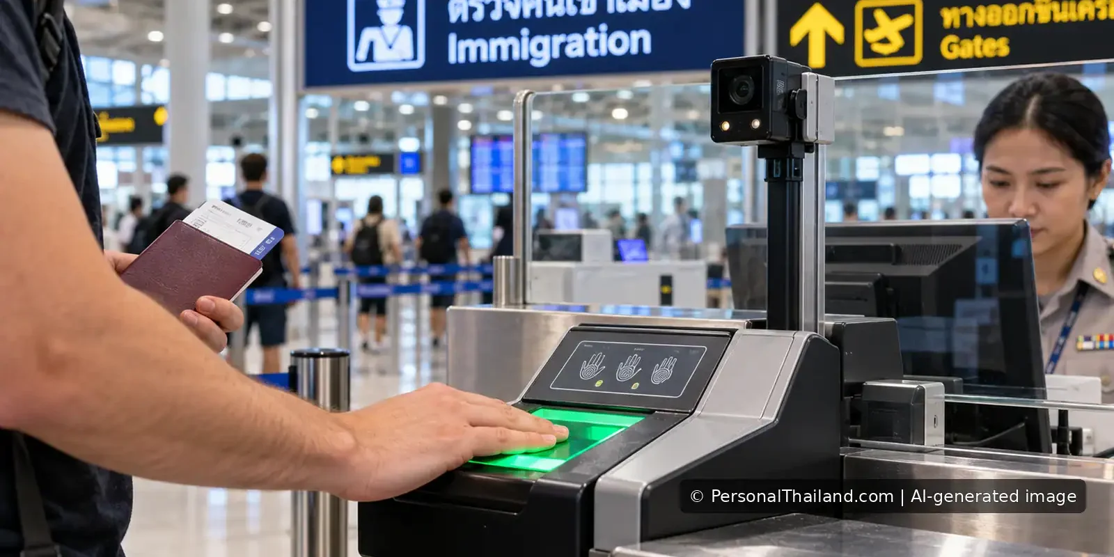 Conceptual illustration of a traveller using a biometric fingerprint scanner at Thai airport immigration.
