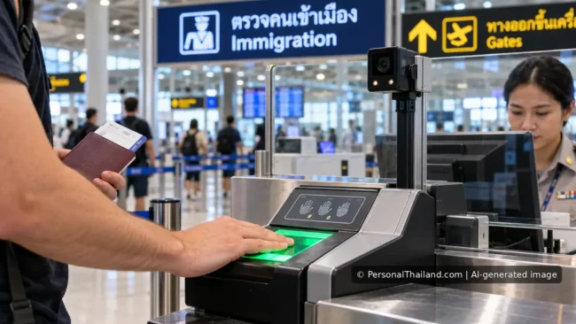 Thailand Immigration Biometrics: Fingerprints, Face Scans and Arrival Forms Conceptual illustration of a traveller using a biometric fingerprint scanner at Thai airport immigration.