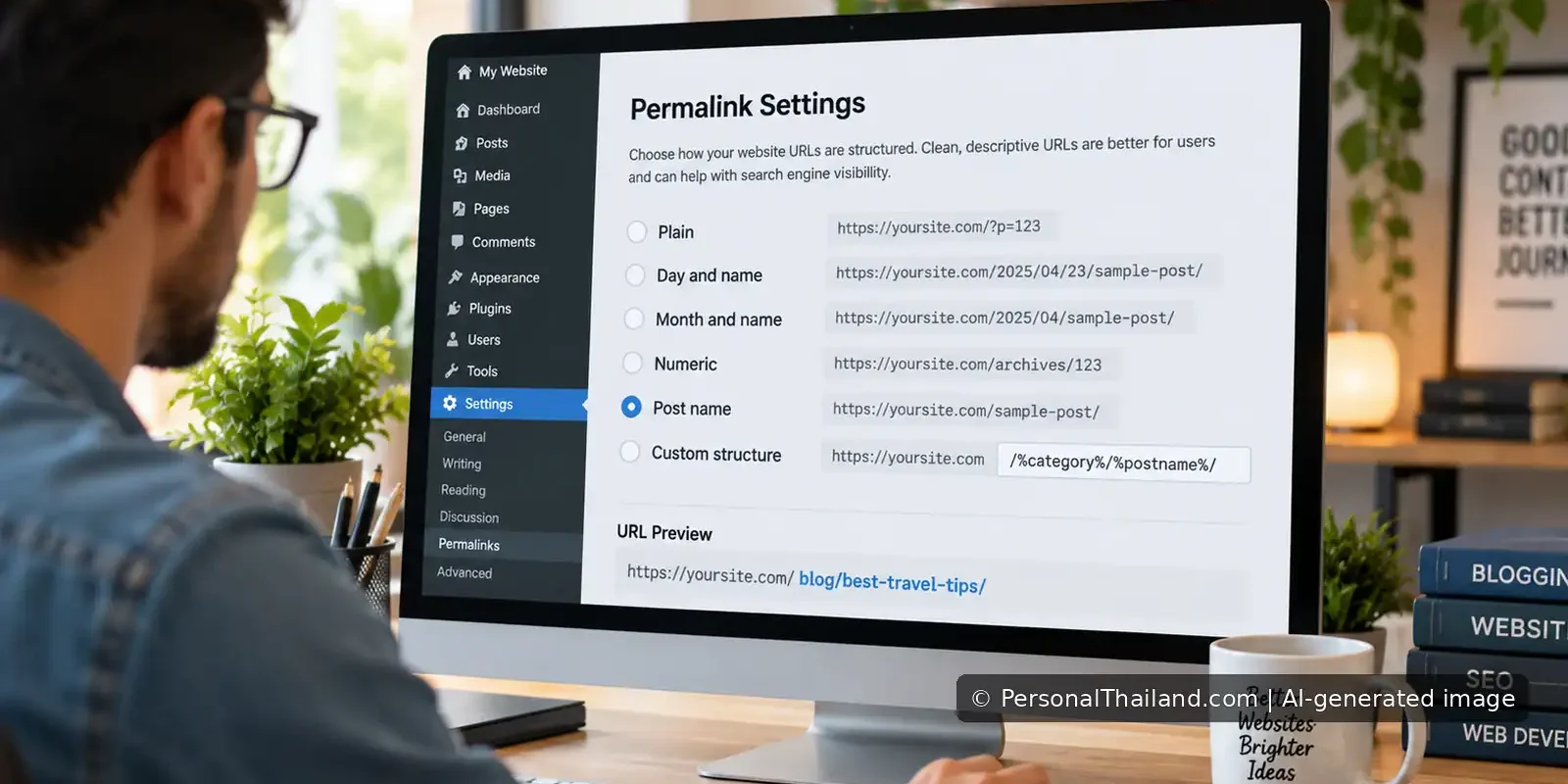 Changing WordPress Permalinks: Protecting Old Links and Search Traffic Illustration of a website administrator reviewing WordPress permalink settings on a desktop computer.