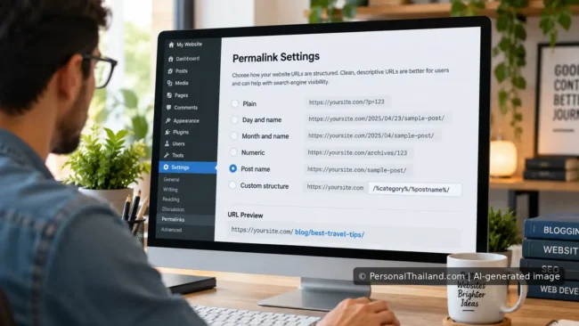 Illustration of a website administrator reviewing WordPress permalink settings on a desktop computer.