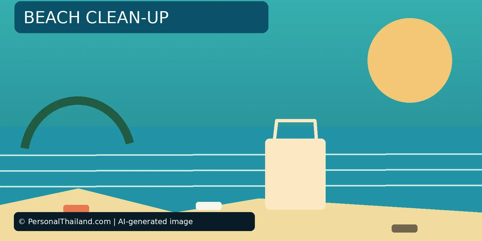 Dirty Beaches in Thailand: Litter, Water Quality and Safer Choices (illustration) AI-created illustration of a beach with small pieces of litter on the sand and a bag by the water, under the heading 'Beach Clean-Up'