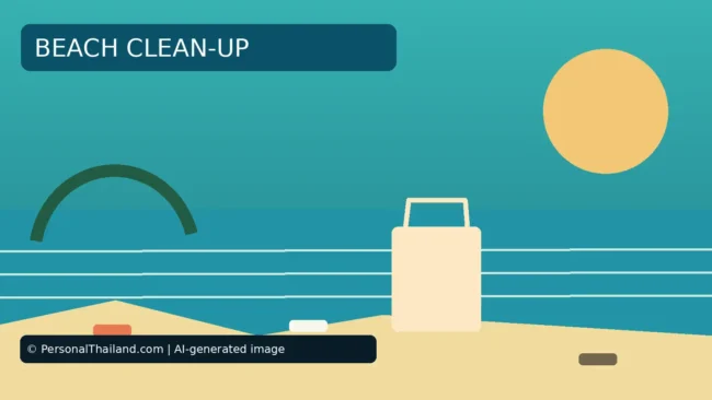 AI-created illustration of a beach with small pieces of litter on the sand and a bag by the water, under the heading 'Beach Clean-Up'
