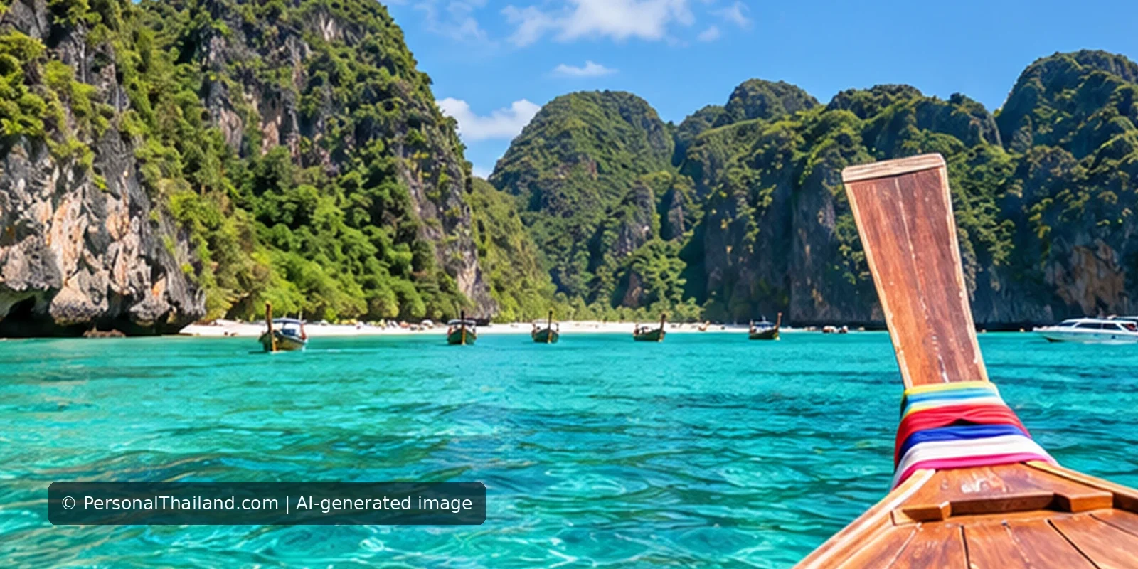 Free Holidays in Thailand: How to Check Travel Competitions and Prize Offers (illustration) Photorealistic longtail boat and limestone cliffs in the Andaman Sea, conceptual holiday travel