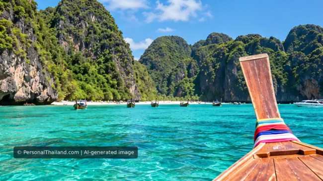 Photorealistic longtail boat and limestone cliffs in the Andaman Sea, conceptual holiday travel