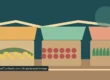 AI-created illustration of three market stalls with coloured awnings displaying bananas, red fruit and green vegetables, not a specific Thai market