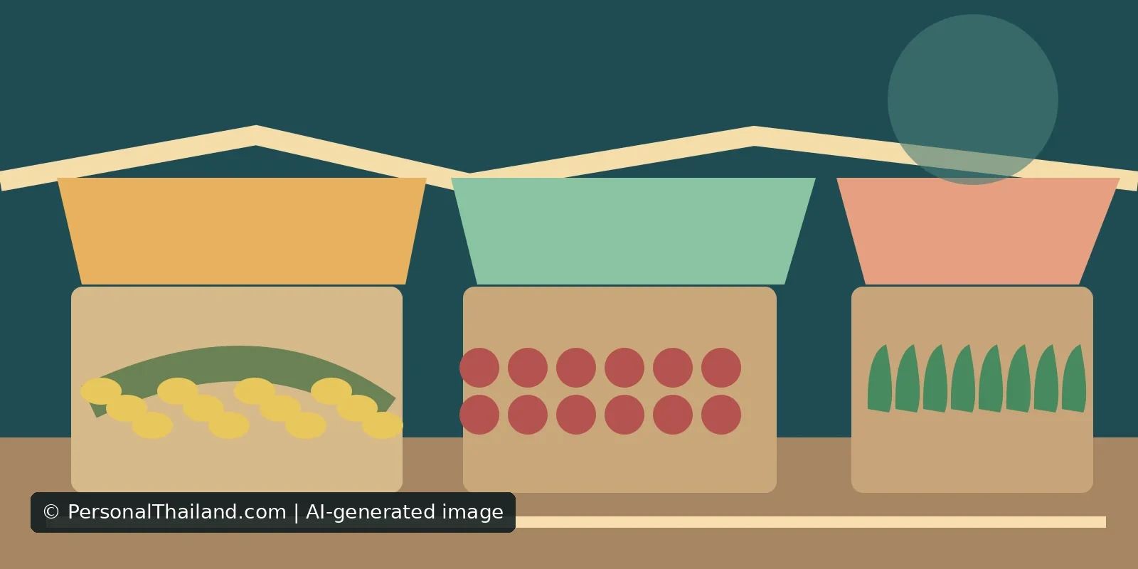 AI-created illustration of three market stalls with coloured awnings displaying bananas, red fruit and green vegetables, not a specific Thai market