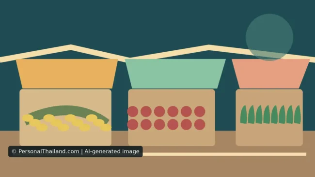 Visiting Thai Markets: Food, Shopping and Local Etiquette (illustration) AI-created illustration of three market stalls with coloured awnings displaying bananas, red fruit and green vegetables, not a specific Thai market