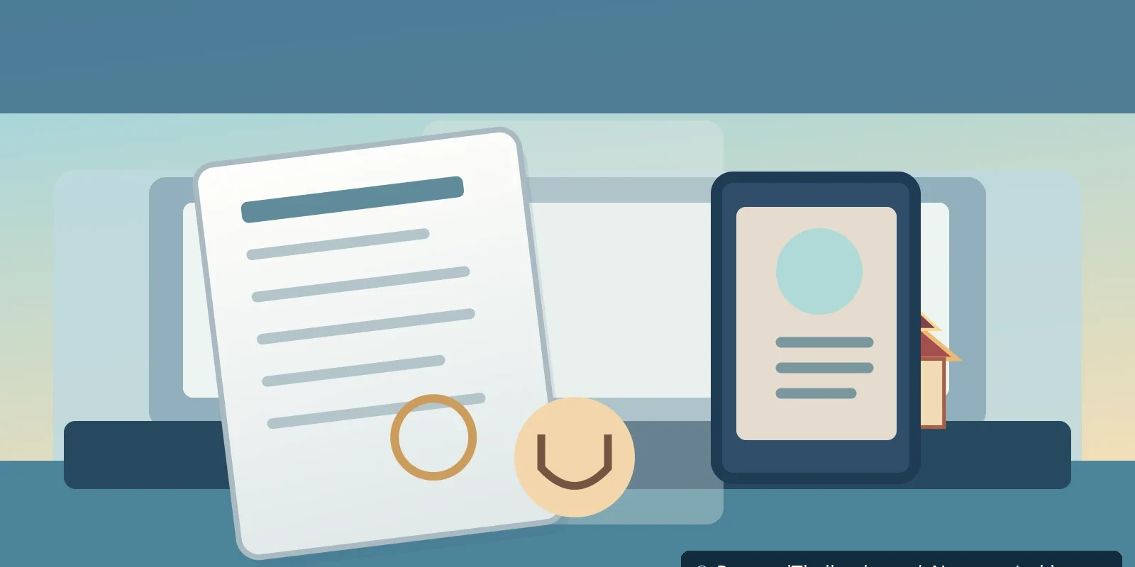Editorial illustration of a traveller checking immigration paperwork and an organised passport folder, AI-generated image