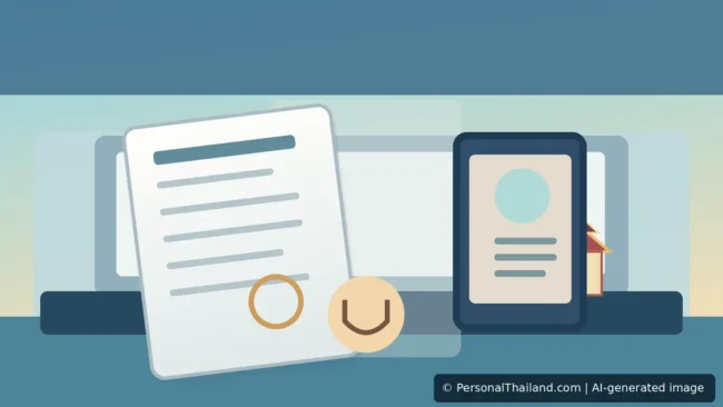 Thailand 90-Day Reporting: What to Do If You Lose Your Receipt (illustration) Editorial illustration of a traveller checking immigration paperwork and an organised passport folder, AI-generated image