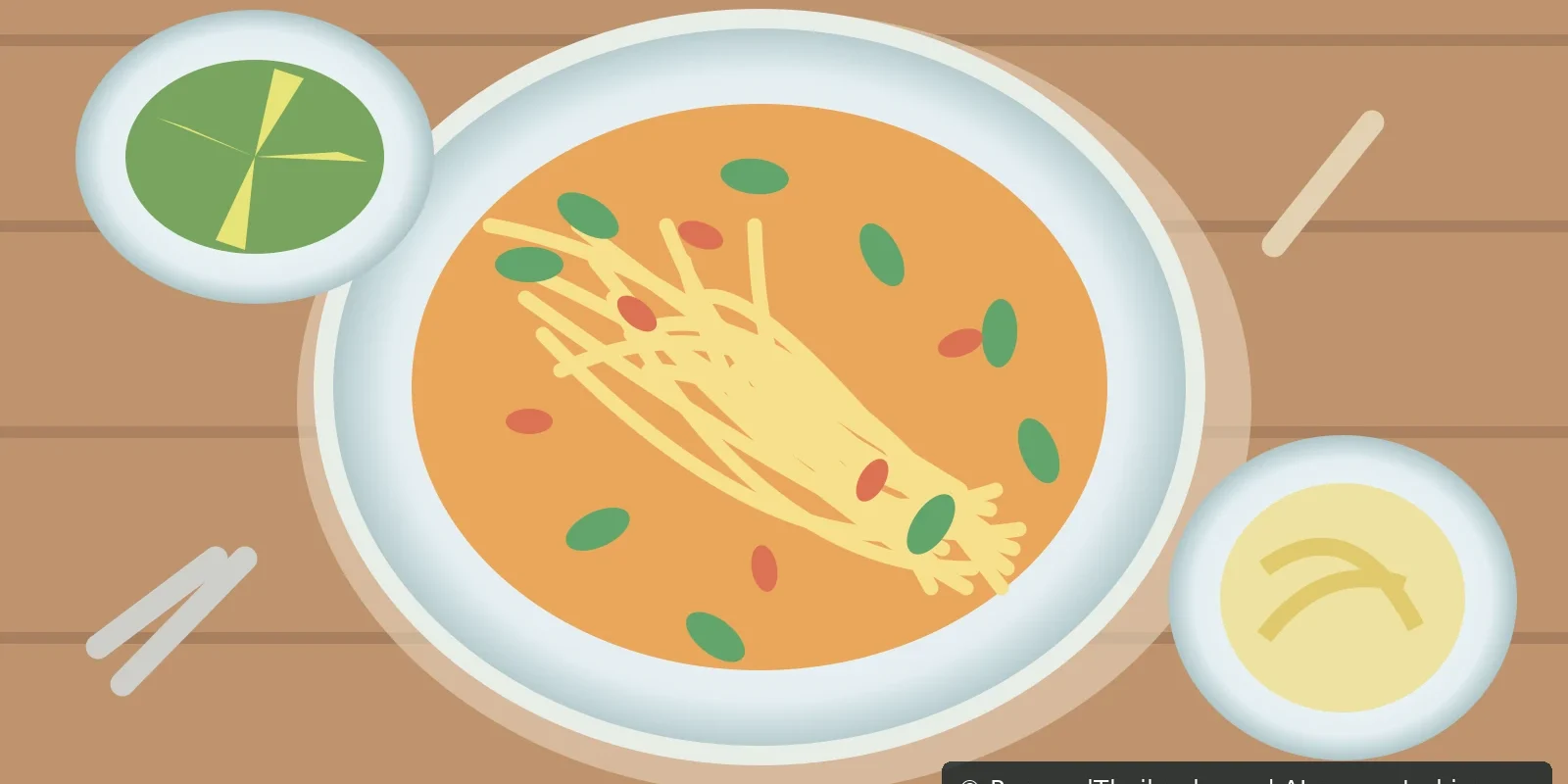 Thai Food Guide for First-Time Visitors: Regional Dishes and Dining Tips (illustration) Colourful illustration of Thai dishes, vegetables, spicy salad, sticky rice and noodles on a wooden dining table, AI-generated image