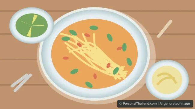 Colourful illustration of Thai dishes, vegetables, spicy salad, sticky rice and noodles on a wooden dining table, AI-generated image