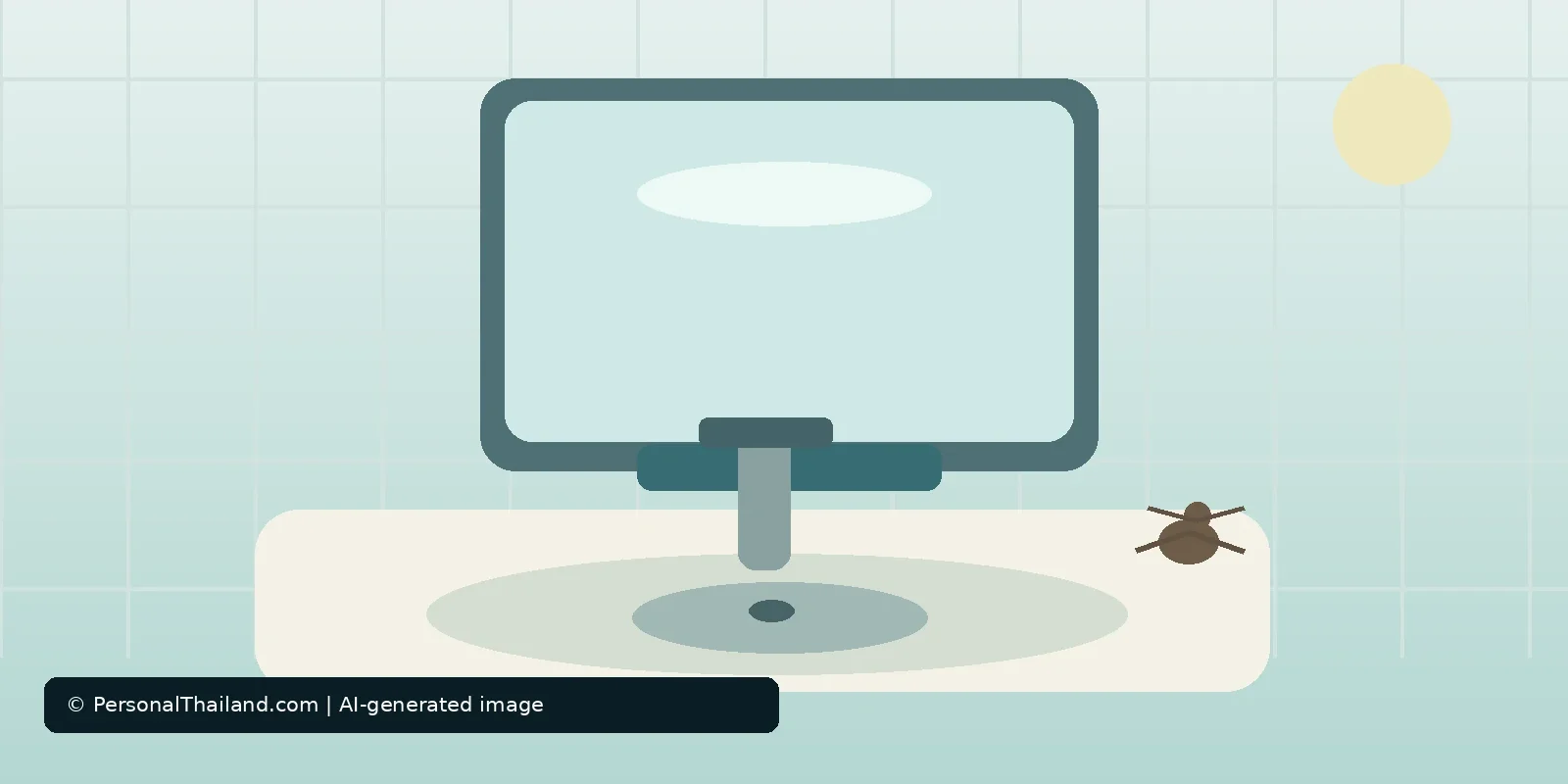 Cockroaches in a Thai Bathroom: What to Do and How to Prevent Them (illustration) AI-created illustration of a bathroom basin with a mirror above it and a small cockroach on the counter beside the drain