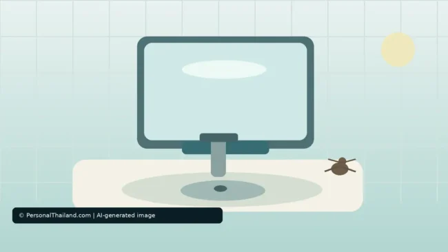 Cockroaches in a Thai Bathroom: What to Do and How to Prevent Them (illustration) AI-created illustration of a bathroom basin with a mirror above it and a small cockroach on the counter beside the drain