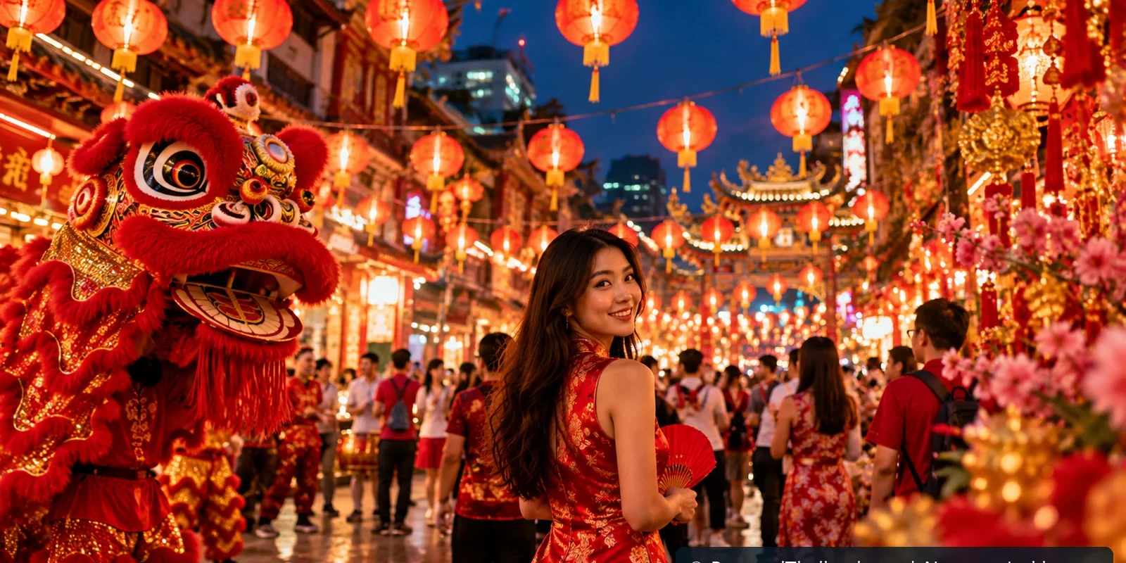 Photorealistic Chinese New Year celebration with red lanterns and a lion dance in Bangkok Chinatown, AI-generated image