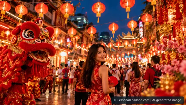 Photorealistic Chinese New Year celebration with red lanterns and a lion dance in Bangkok Chinatown, AI-generated image
