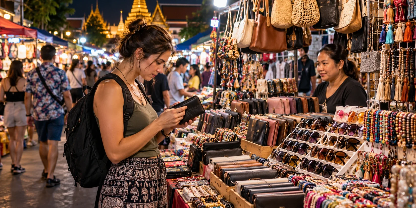 Counterfeit Goods in Thailand: Why Fake DVDs and Designer Copies Can Backfire (illustration) Traveller browsing goods at a busy Thailand night market, AI-generated illustration
