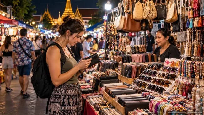 Counterfeit Goods in Thailand: Why Fake DVDs and Designer Copies Can Backfire (illustration) Traveller browsing goods at a busy Thailand night market, AI-generated illustration