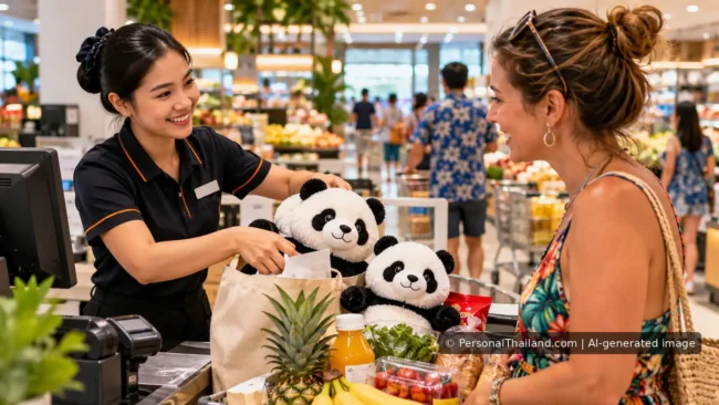 Illustration of a friendly supermarket checkout interaction involving two panda plush toys in Thailand.
