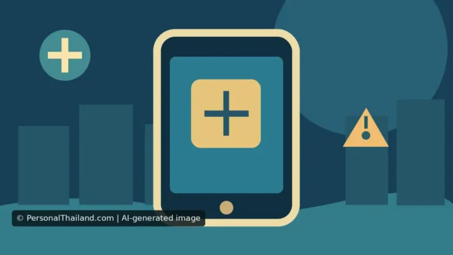 AI-created illustration of a smartphone showing a medical cross, with a first-aid symbol, a warning sign and stylised buildings, without any real agency insignia