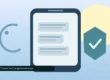 AI-created illustration of a smartphone showing message bubbles next to a shield with a check mark