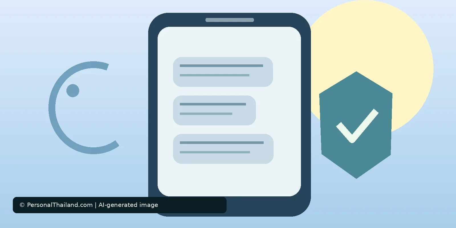 Spam SMS in Thailand: How to Stop Unwanted Messages and Protect Your Number (illustration) AI-created illustration of a smartphone showing message bubbles next to a shield with a check mark